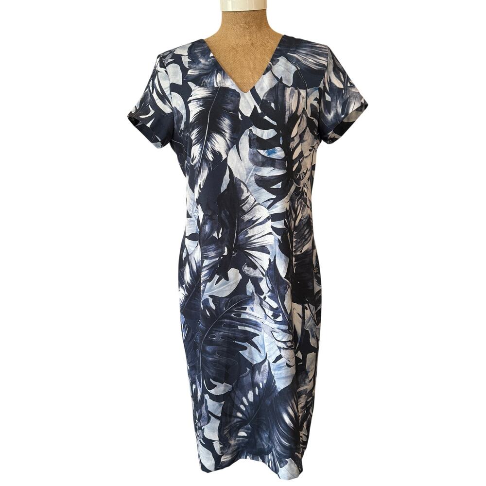 Scapa Sport V Neck Short Sleeve Shift Dress Blue Tropical Leaf Print US Medium